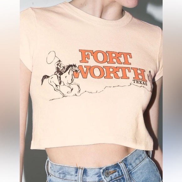 Fort Worth Texas western cowgirl short sleeve beige crop top women's Small - Picture 1 of 6